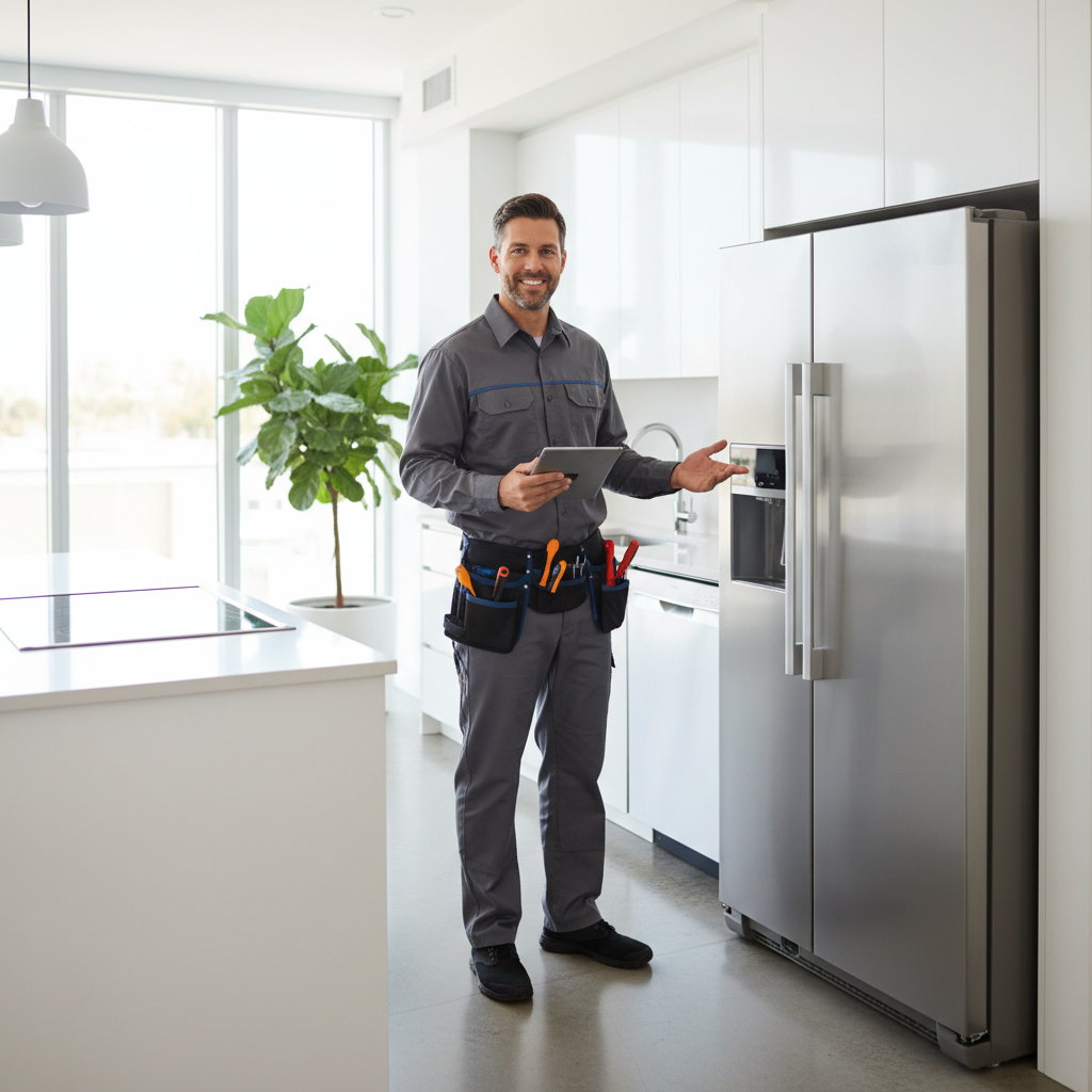 Smiling appliance repair technician in a modern kitchen