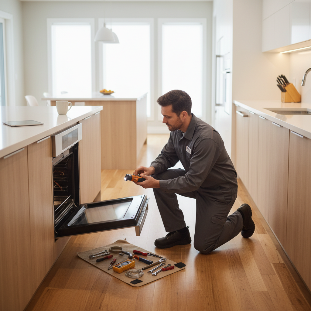 Technician repairing a built-in oven